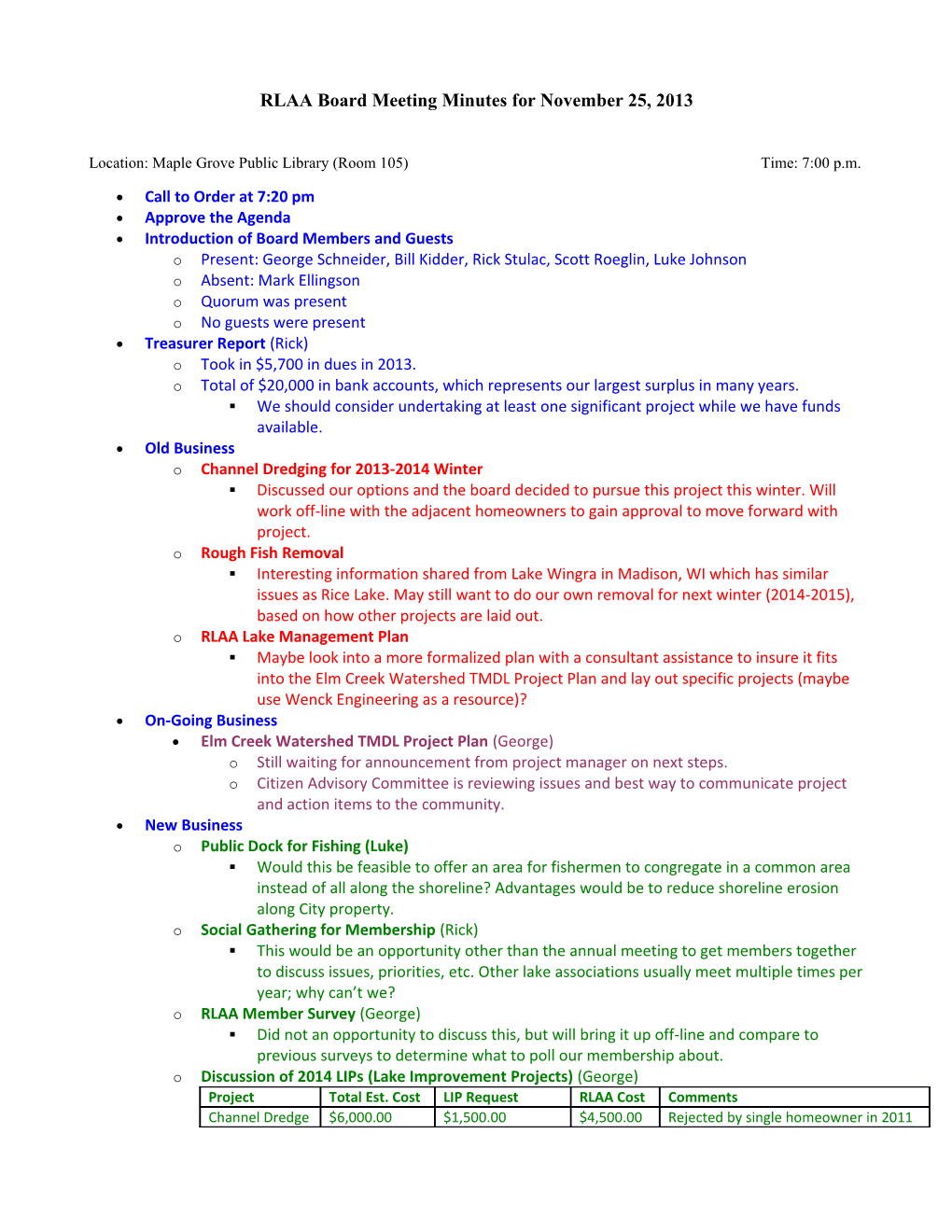 RLAA Board Meeting - Possible Agenda Items for November 2009 Meeting