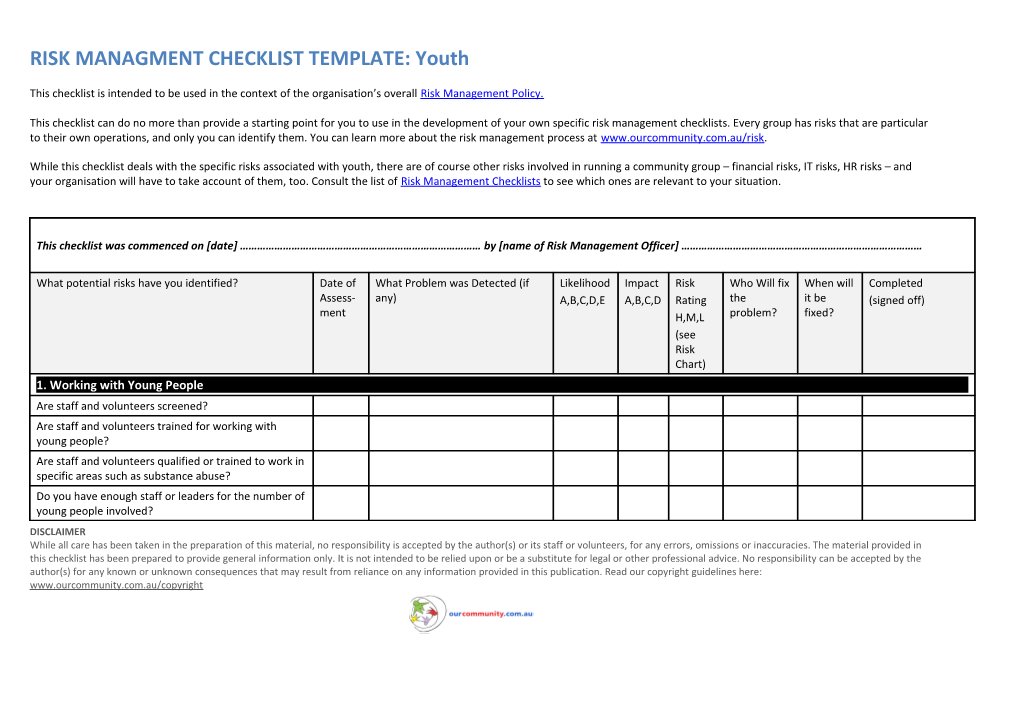 RISK MANAGMENT CHECKLIST TEMPLATE: Youth