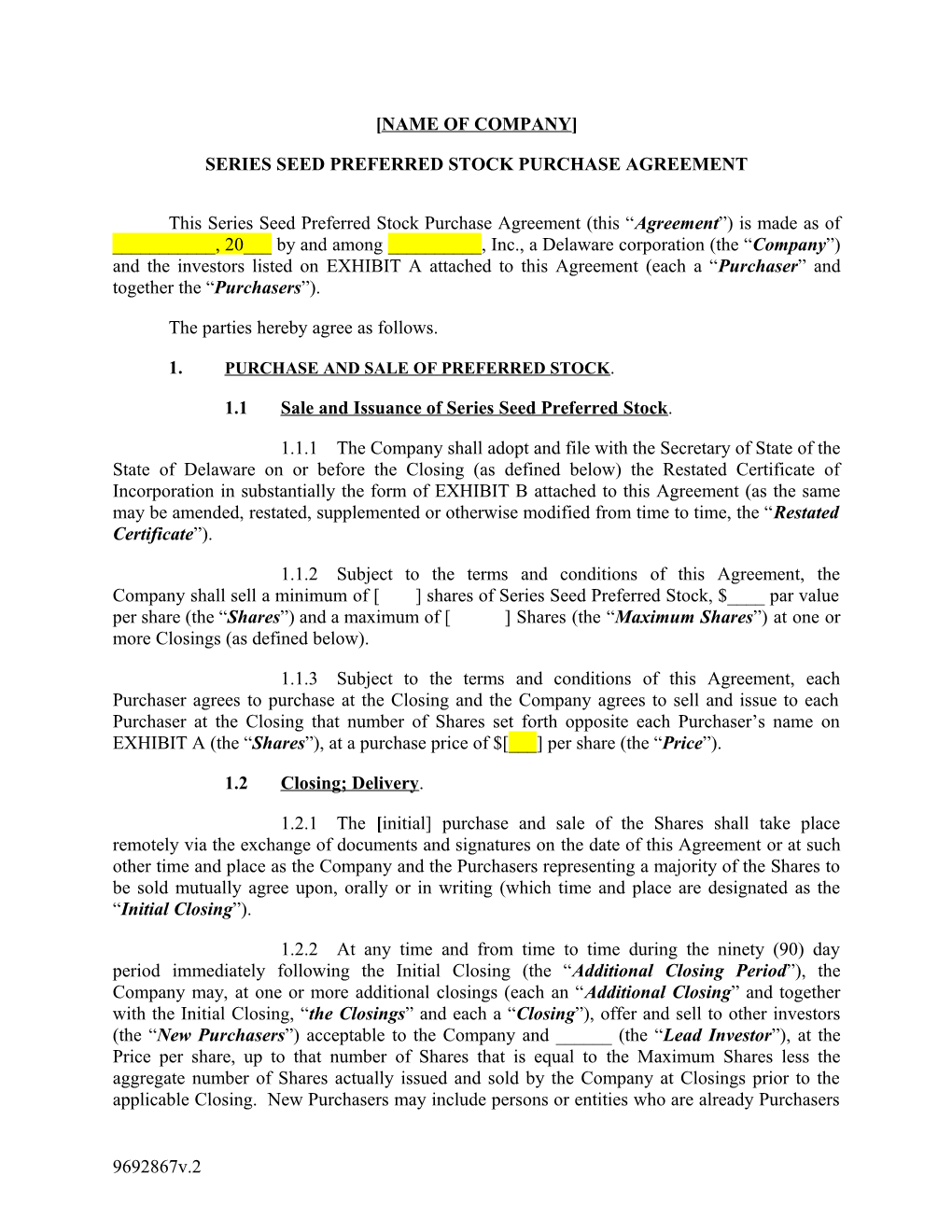 Series Seed Preferred Stock Purchase Agreement