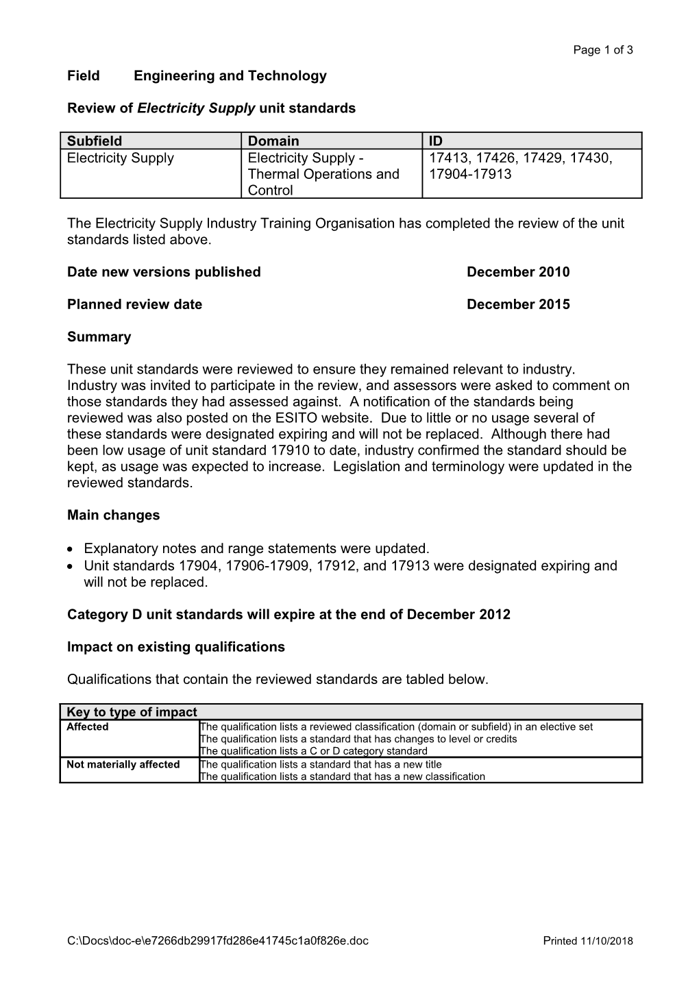 Review of Electricity Supply Unit Standards