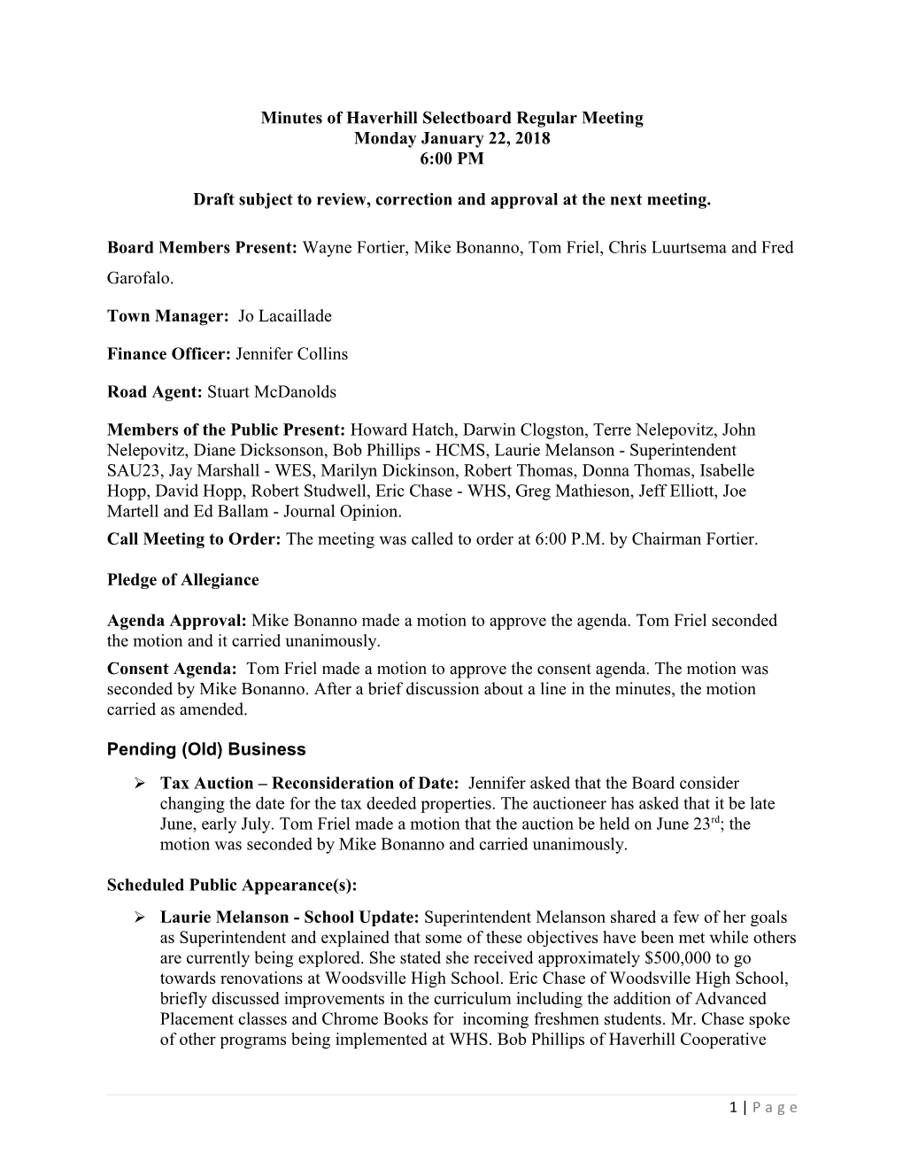 Minutes of Haverhill Selectboard Regular Meeting