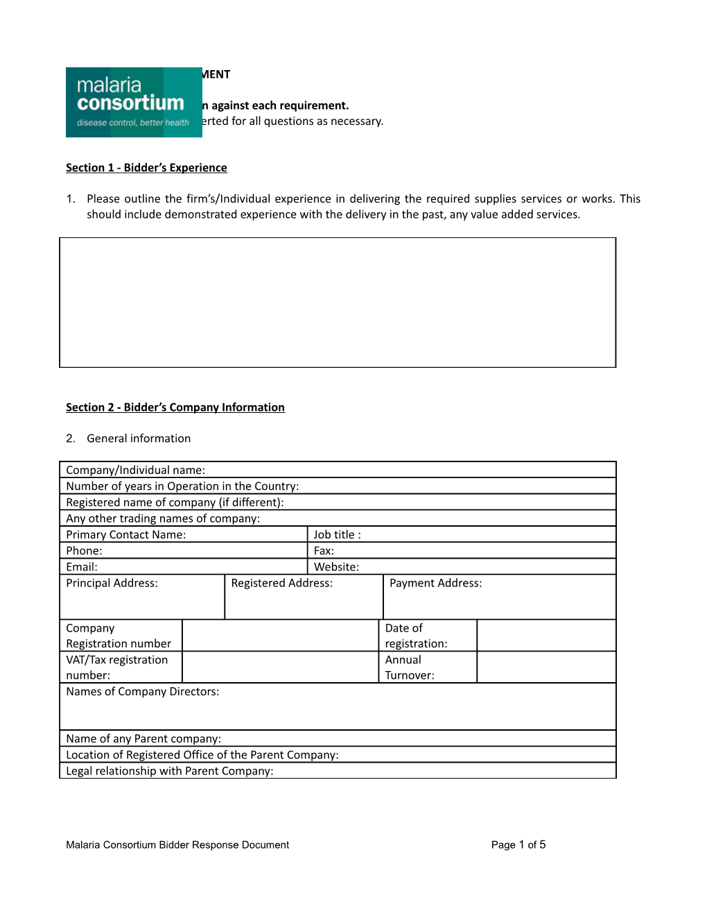 RFP Bidder Response Document Sample