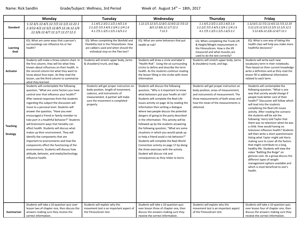 Name: Rick Sandlingrade/Subject:Wellness,3Rdperiodweek Of: August 14Th 18Th, 2017