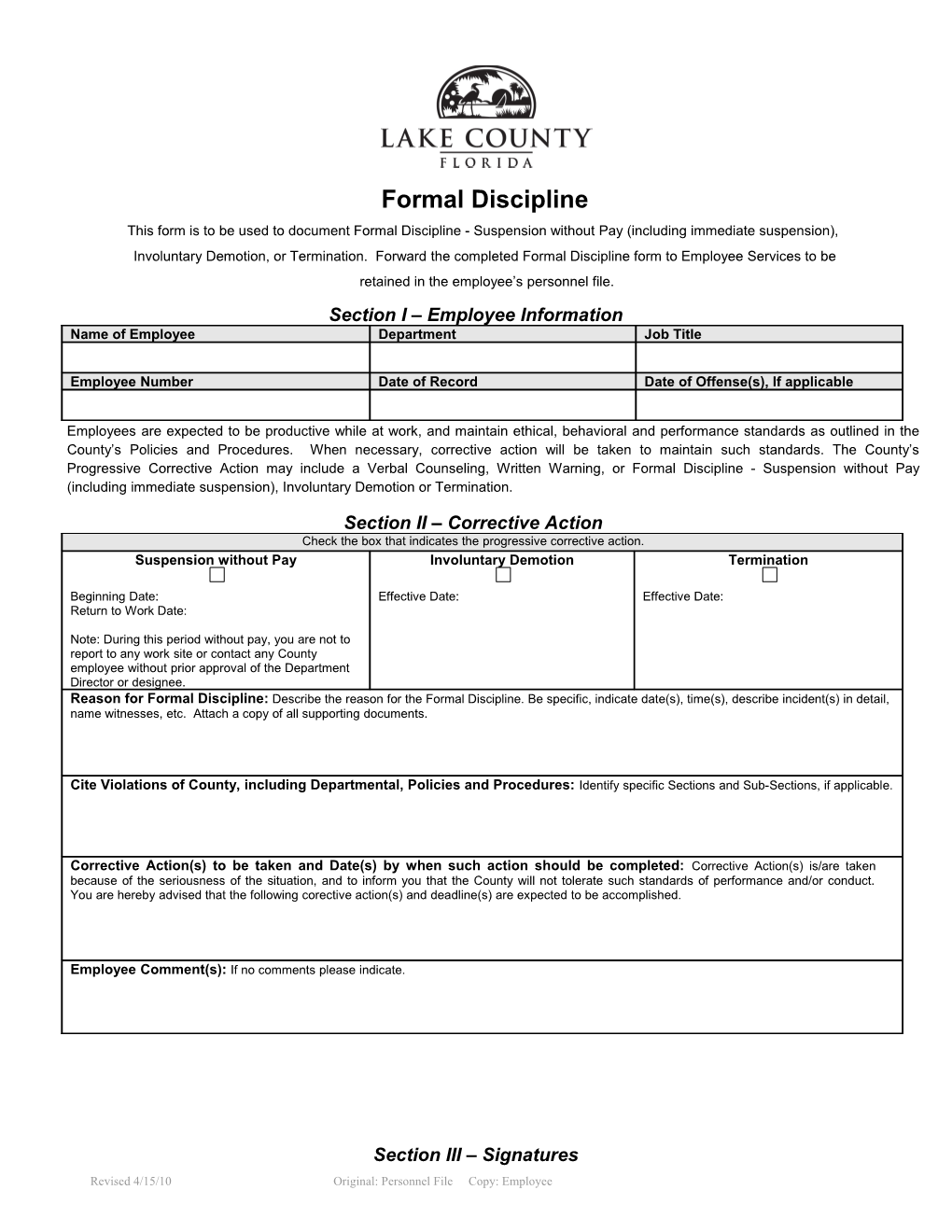 Corrective Action Form - Form Discipline