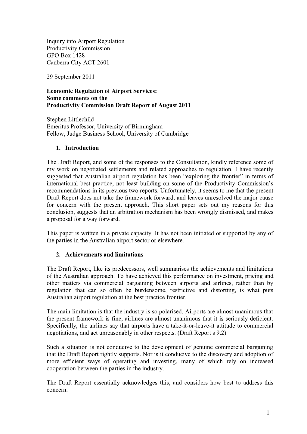 Submission DR116 - Stephen Littlechild - Economic Regulation of Airport Services - Public