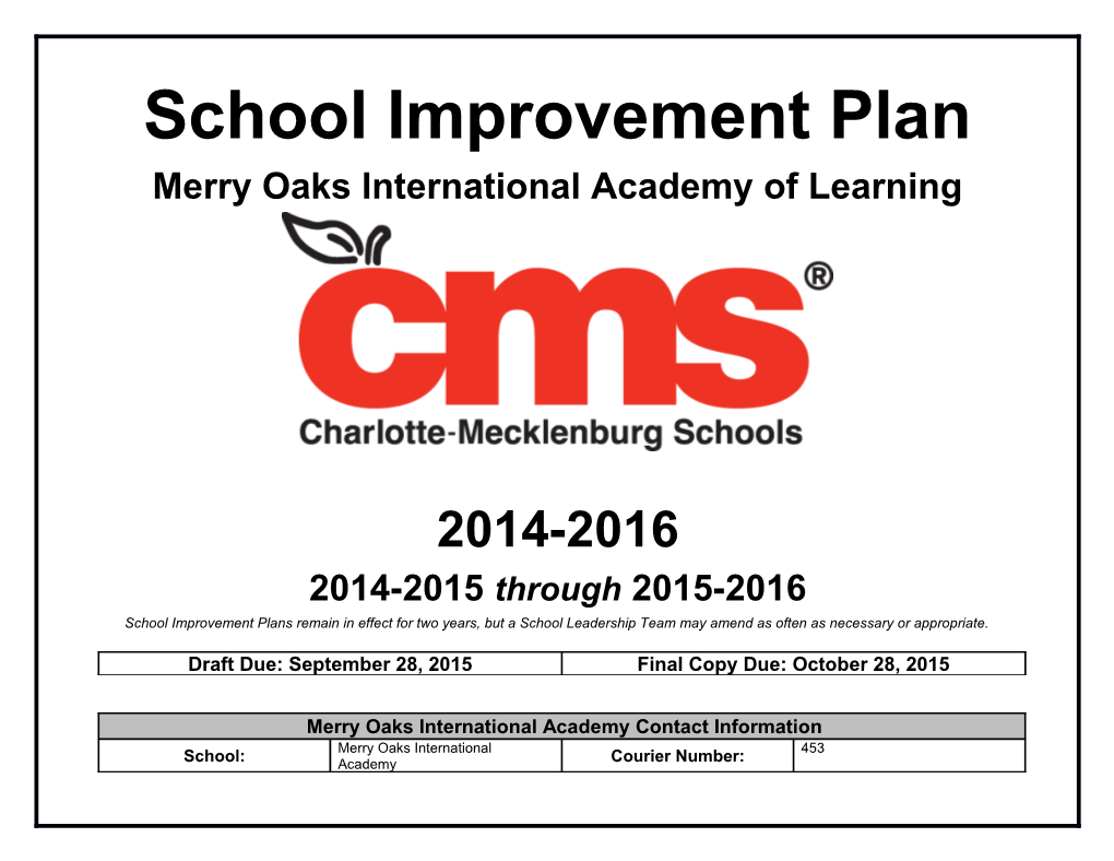 2015-2016 Merry Oaks International Academy School Improvement Plan Report