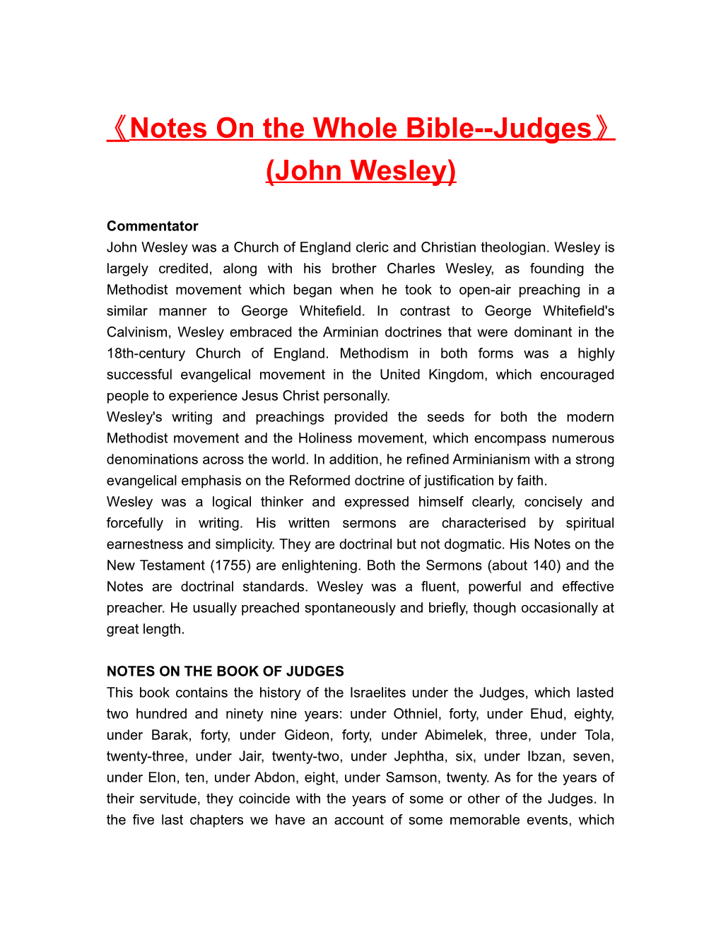 Notes on the Whole Bible Judges (John Wesley)