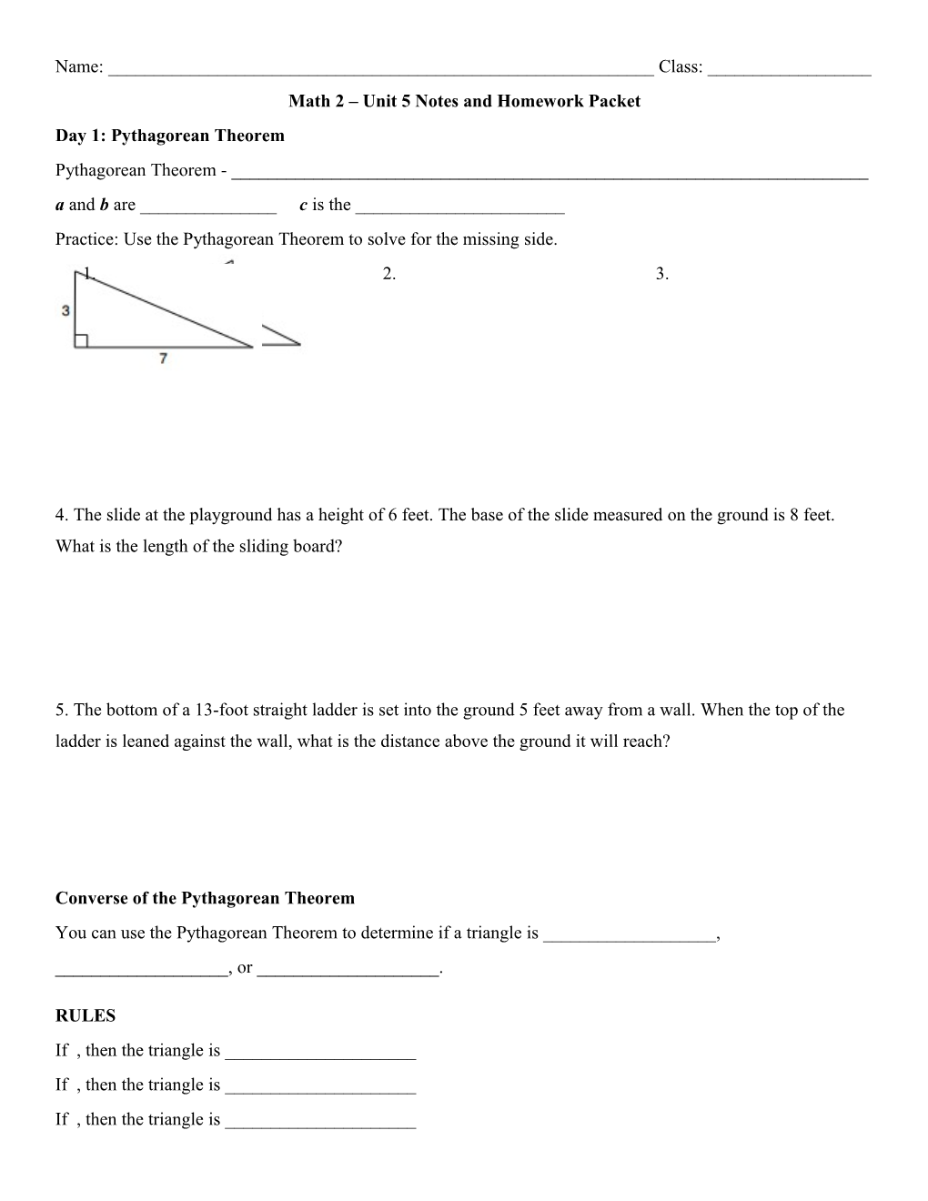 Math 2 Unit 5 Notes and Homework Packet