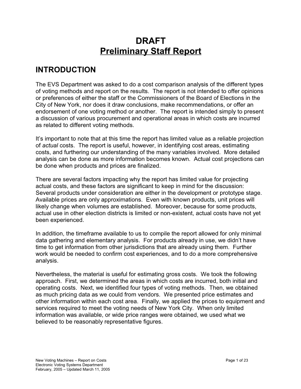 Preliminary Staff Report