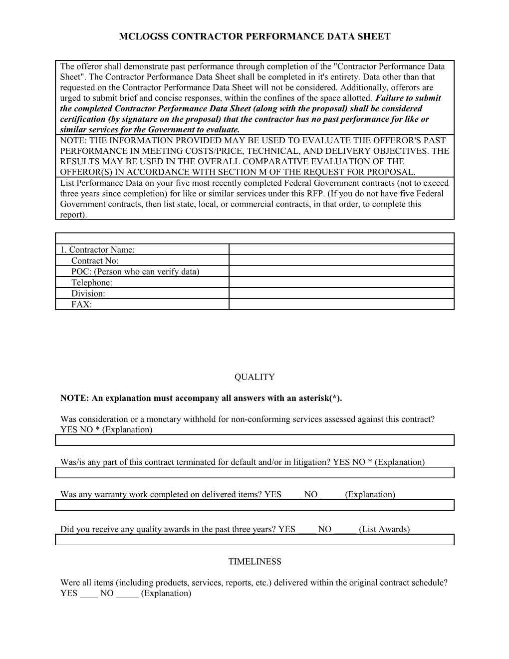 Mclogss Contractor Performance Data Sheet