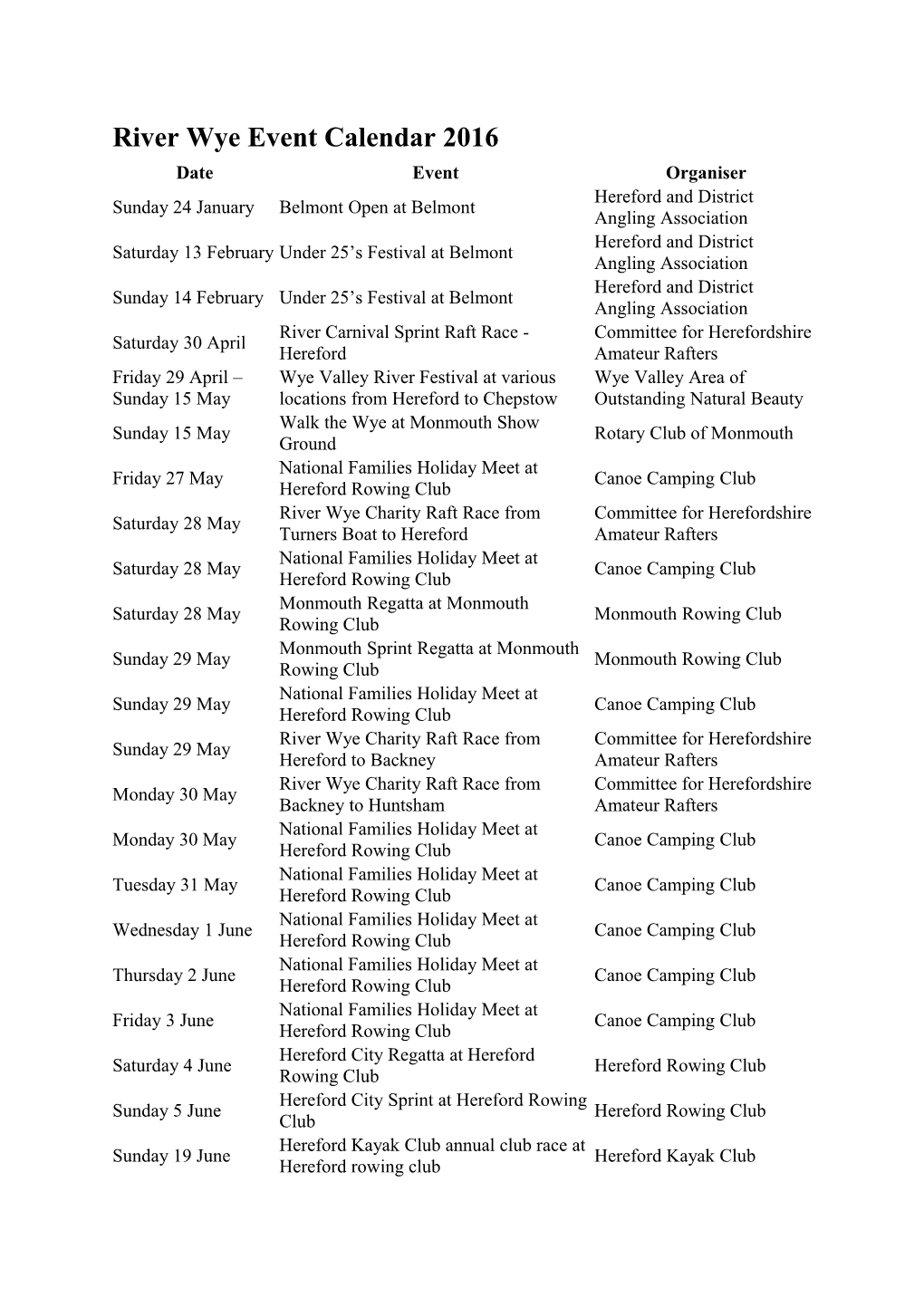 River Wye Event Calendar 2016