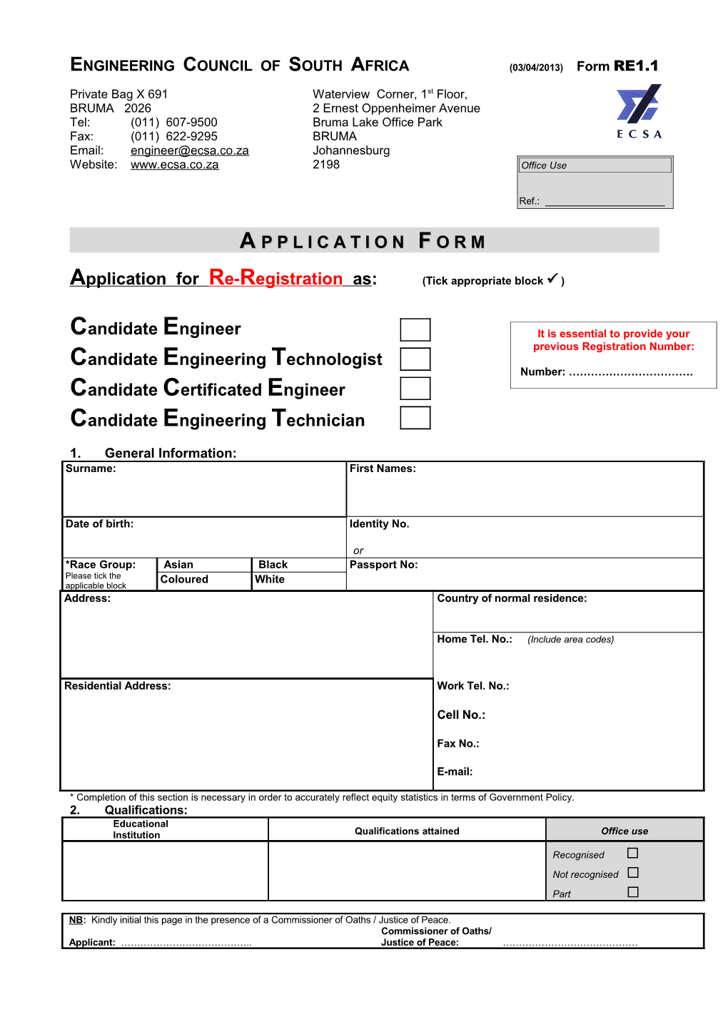 ENGINEERING COUNCIL of SOUTH AFRICA(03/04/2013) Form RE1.1