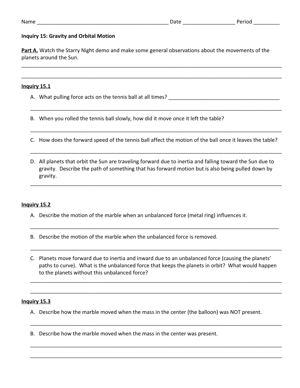 Inquiry 15: Gravity and Orbital Motion