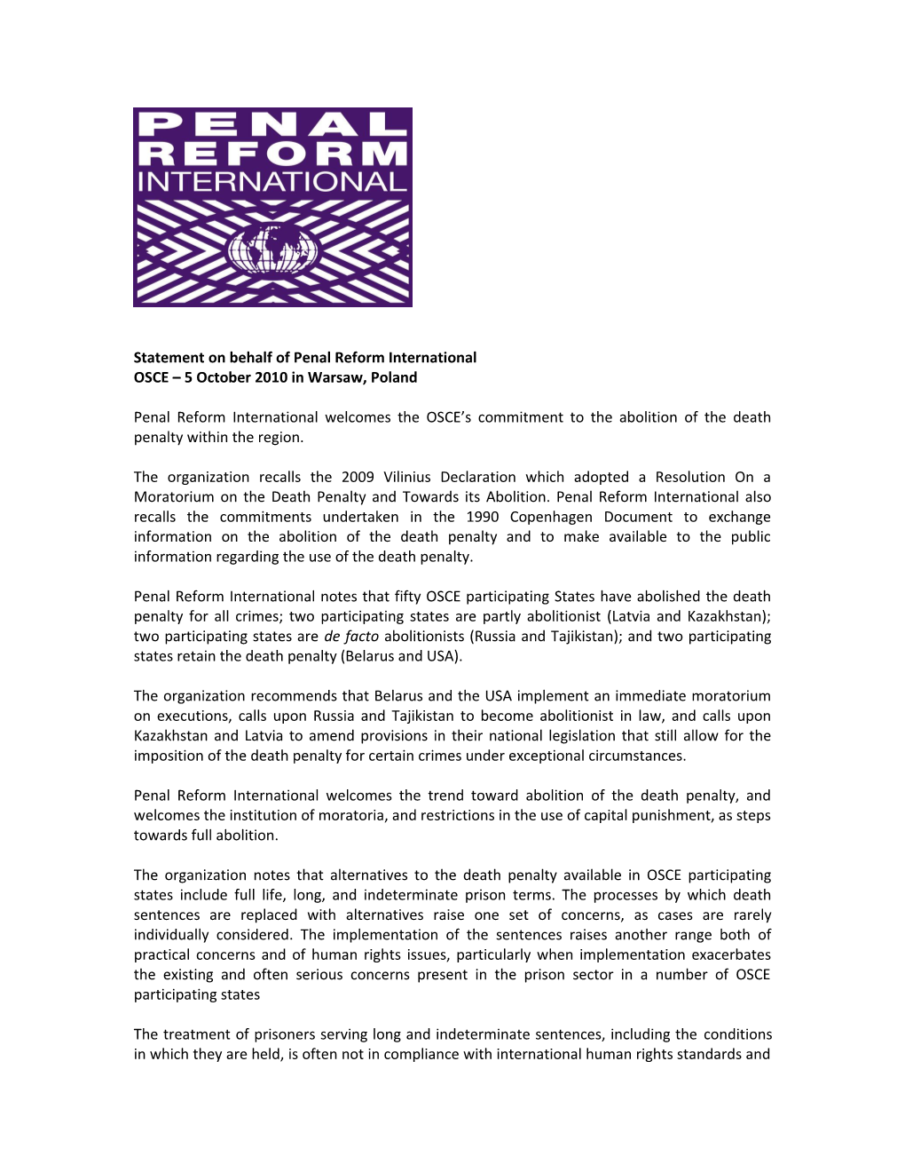 Statement on Behalf of Penal Reform International