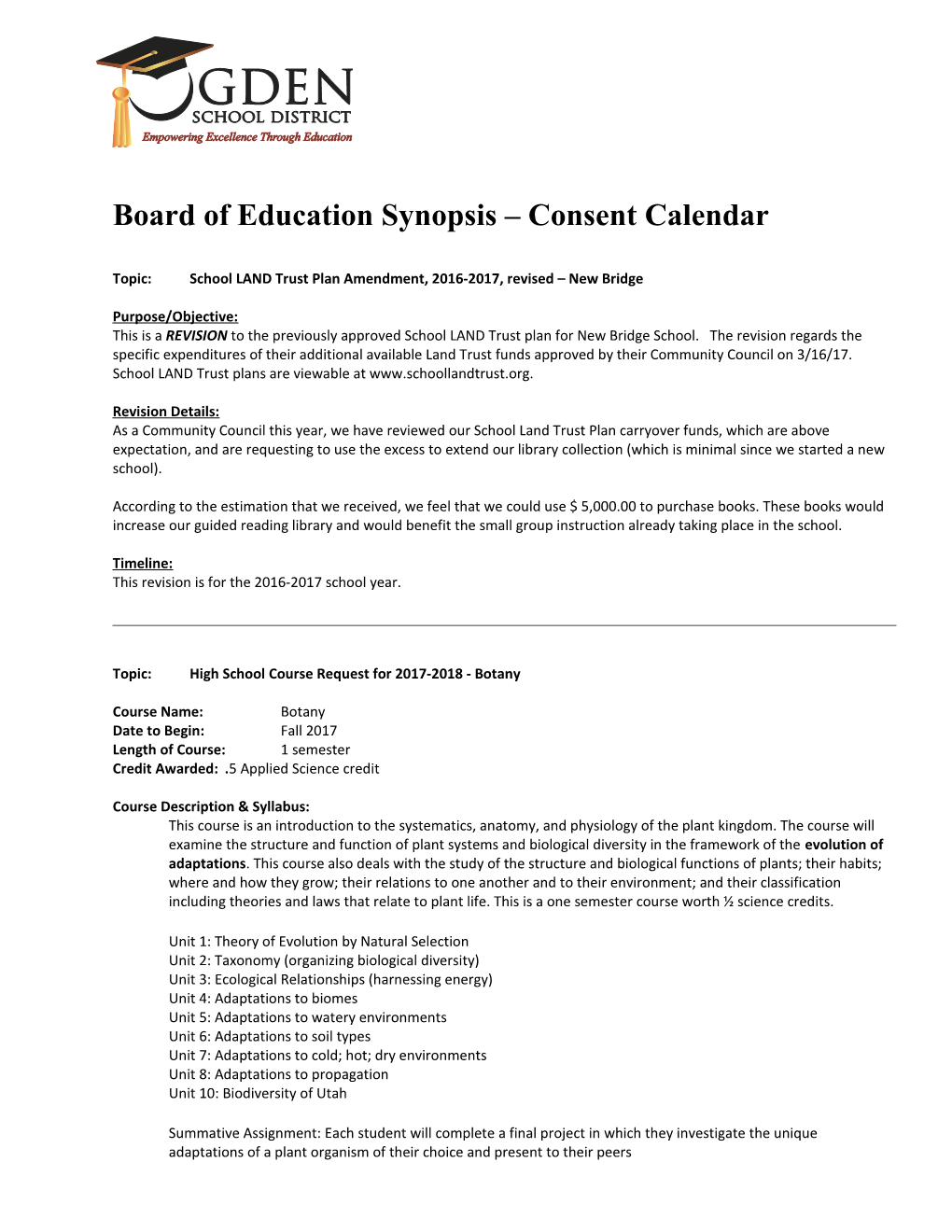 Board of Education Synopsis Consent Calendar