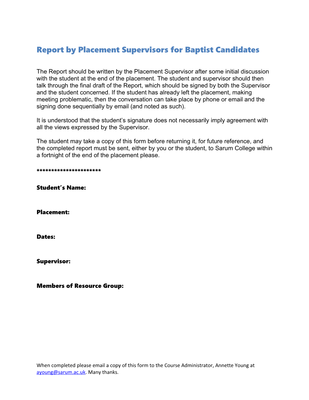 Report by Placement Supervisors for Baptist Candidates