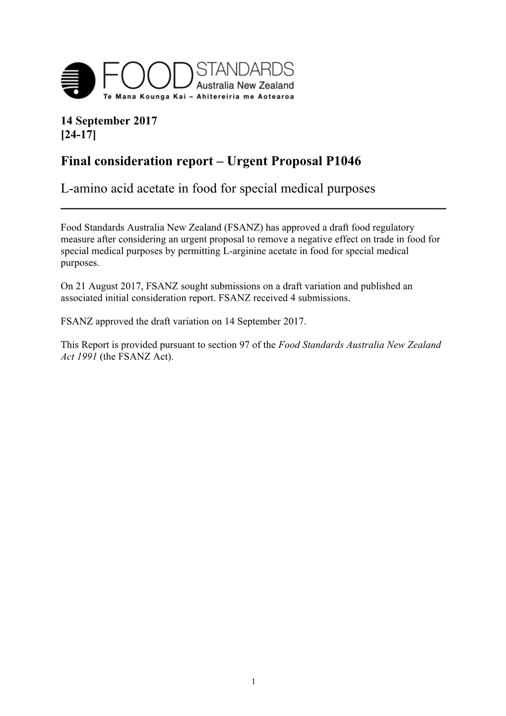 Final Consideration Report Urgent Proposal P1046