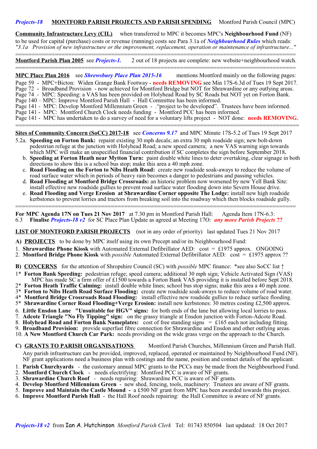 Projects-18 MONTFORD PARISH PROJECTS and PARISH SPENDING Montford Parish Council (MPC)