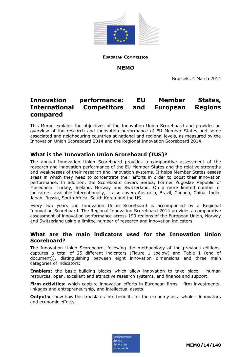 Innovation Performance: EU Member States, International Competitors and European Regions