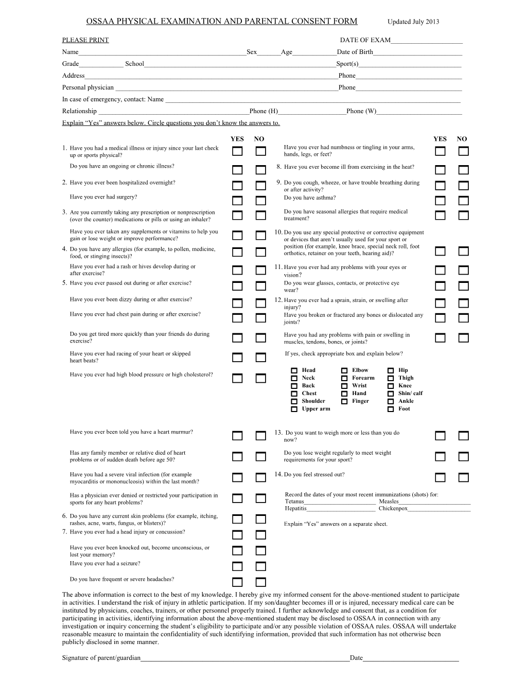 OSSAA PHYSICAL EXAMINATION and PARENTAL CONSENT FORM Updated July 2013