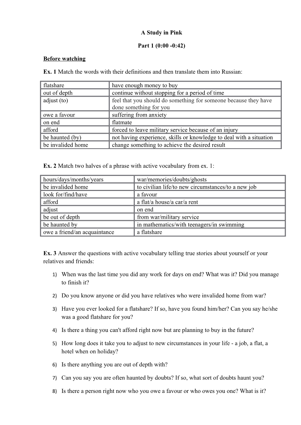 Ex. 2 Match Two Halves of a Phrase with Active Vocabulary from Ex. 1