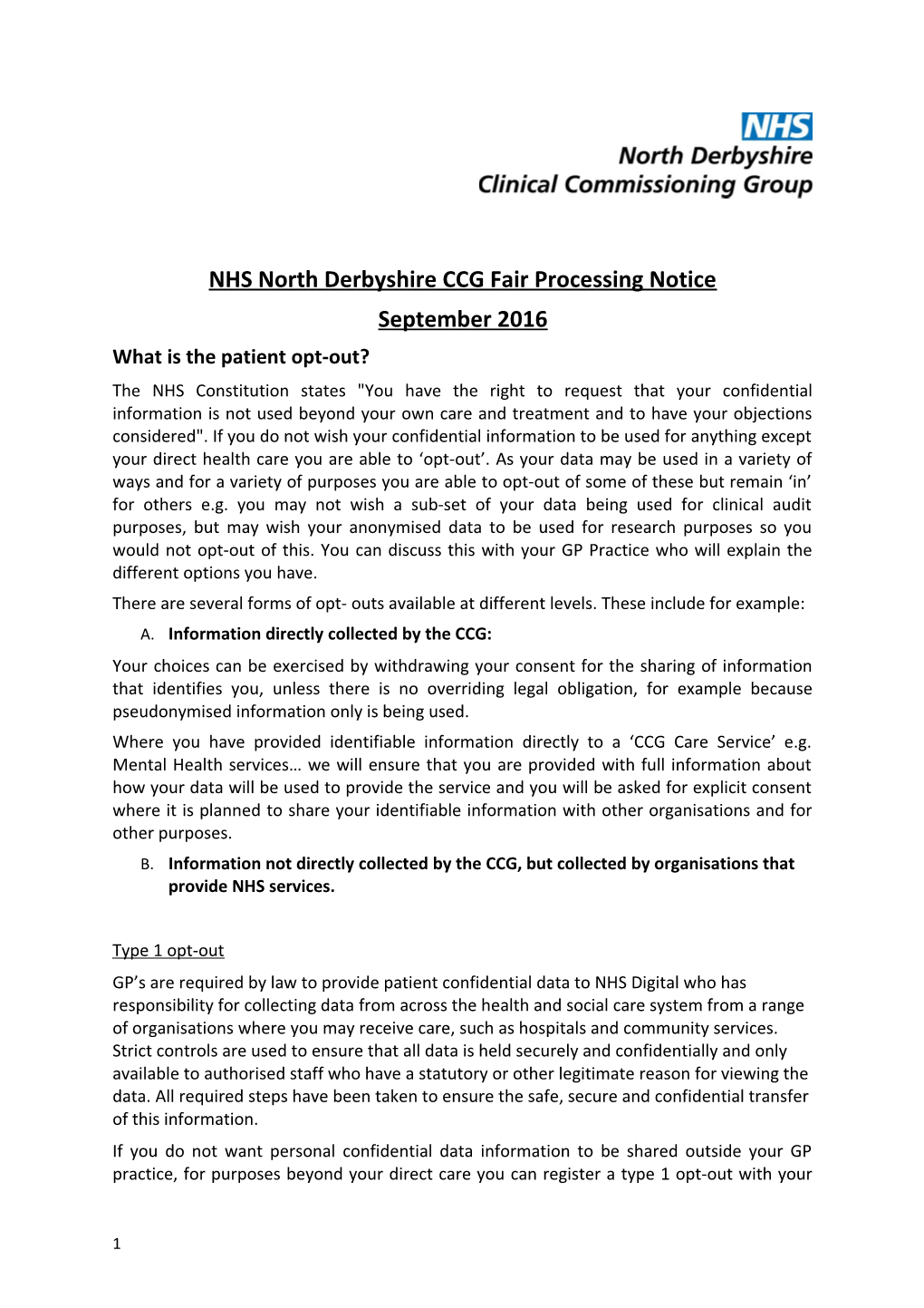 NHS North Derbyshire CCG Fair Processing Notice