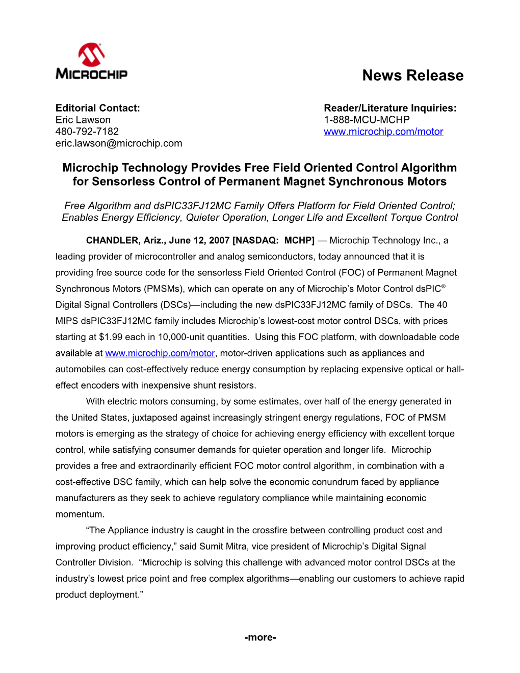 Microchip Provides Free FOC Algorithm