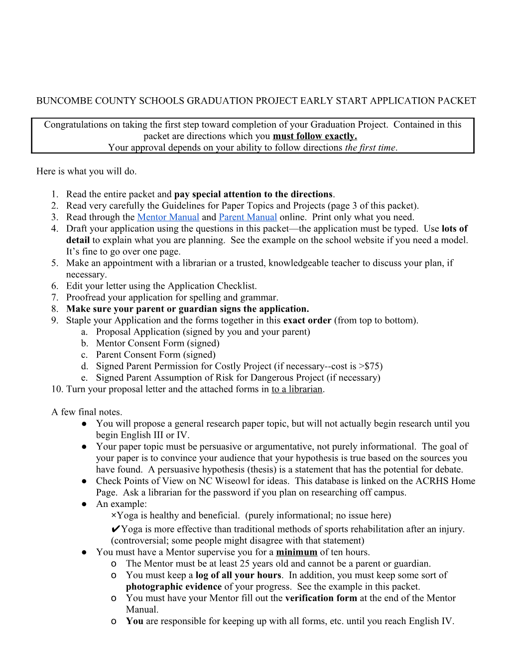 Buncombe County Schools Graduation Project Early Start Application Packet
