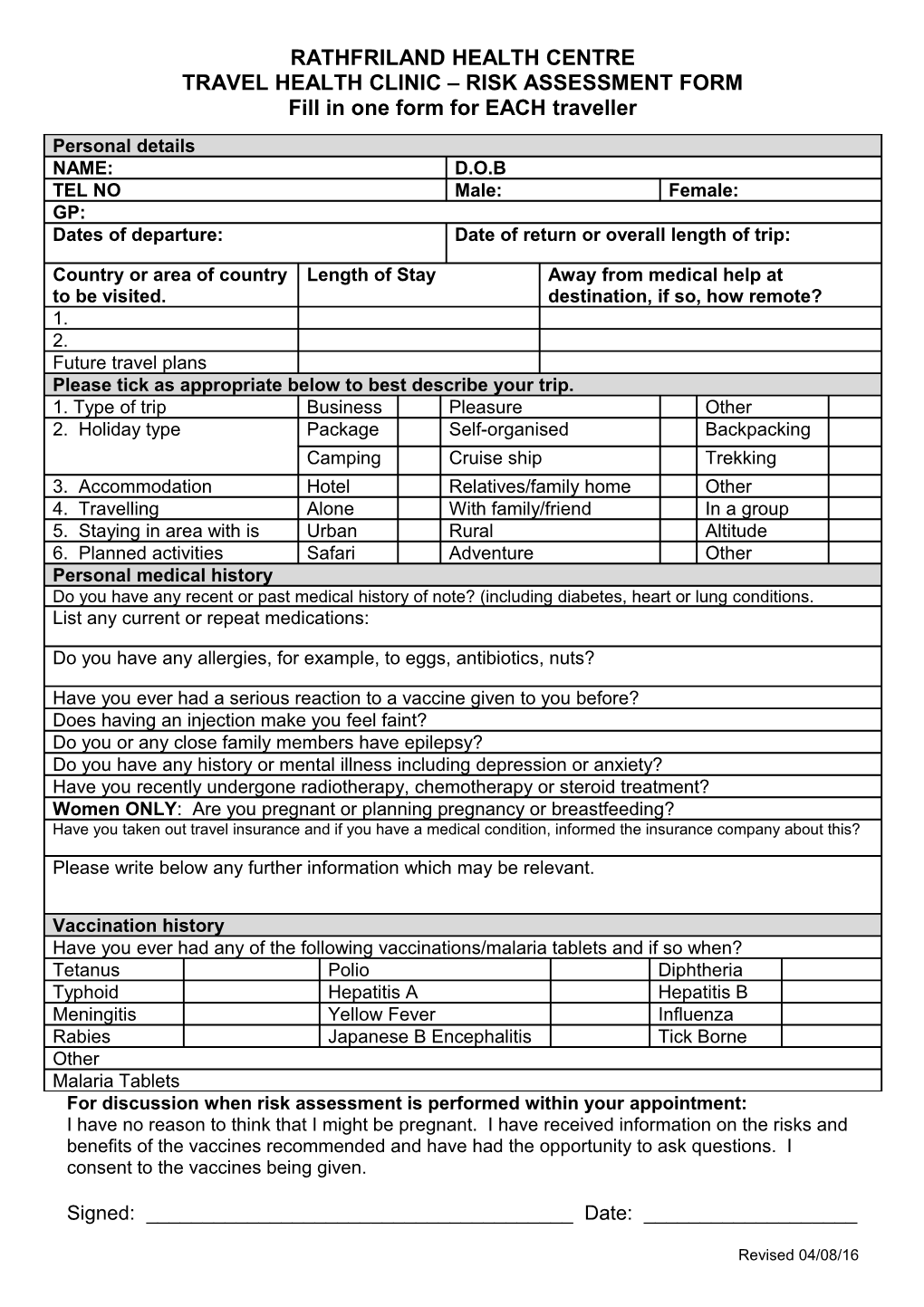 Travel Health Clinic Risk Assessment Form