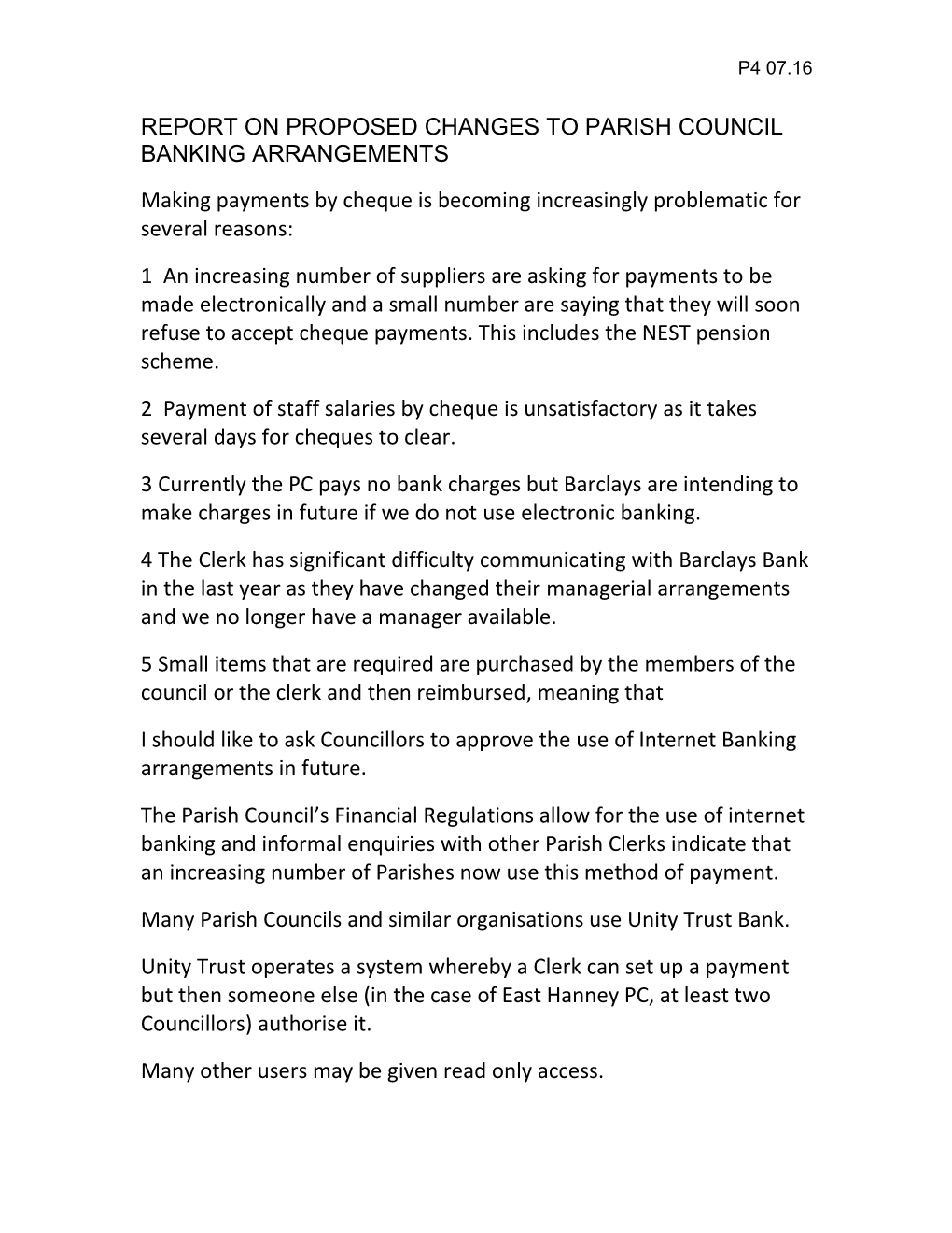 Report on Proposed Changes to Parish Council Banking Arrangements