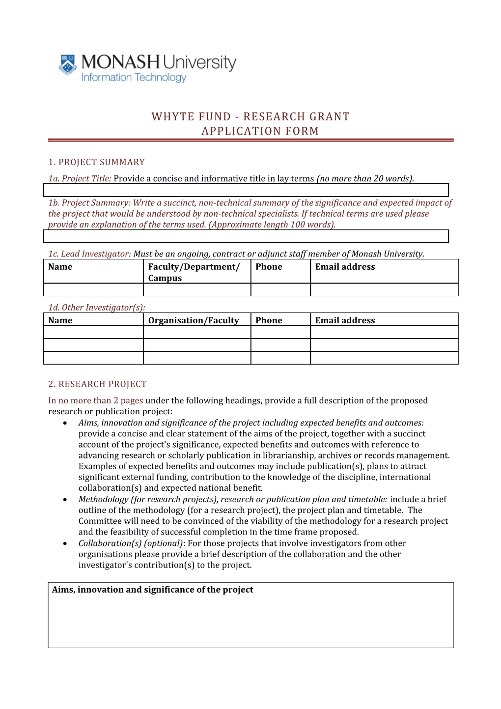 Whyte Fund - Research Grantapplication Form