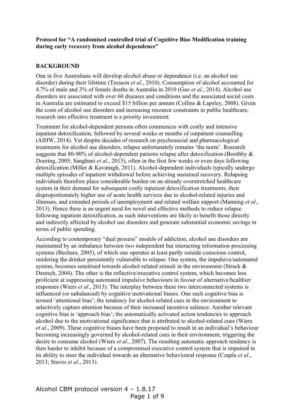 Protocol for a Randomised Controlled Trial of Cognitive Bias Modification Training During