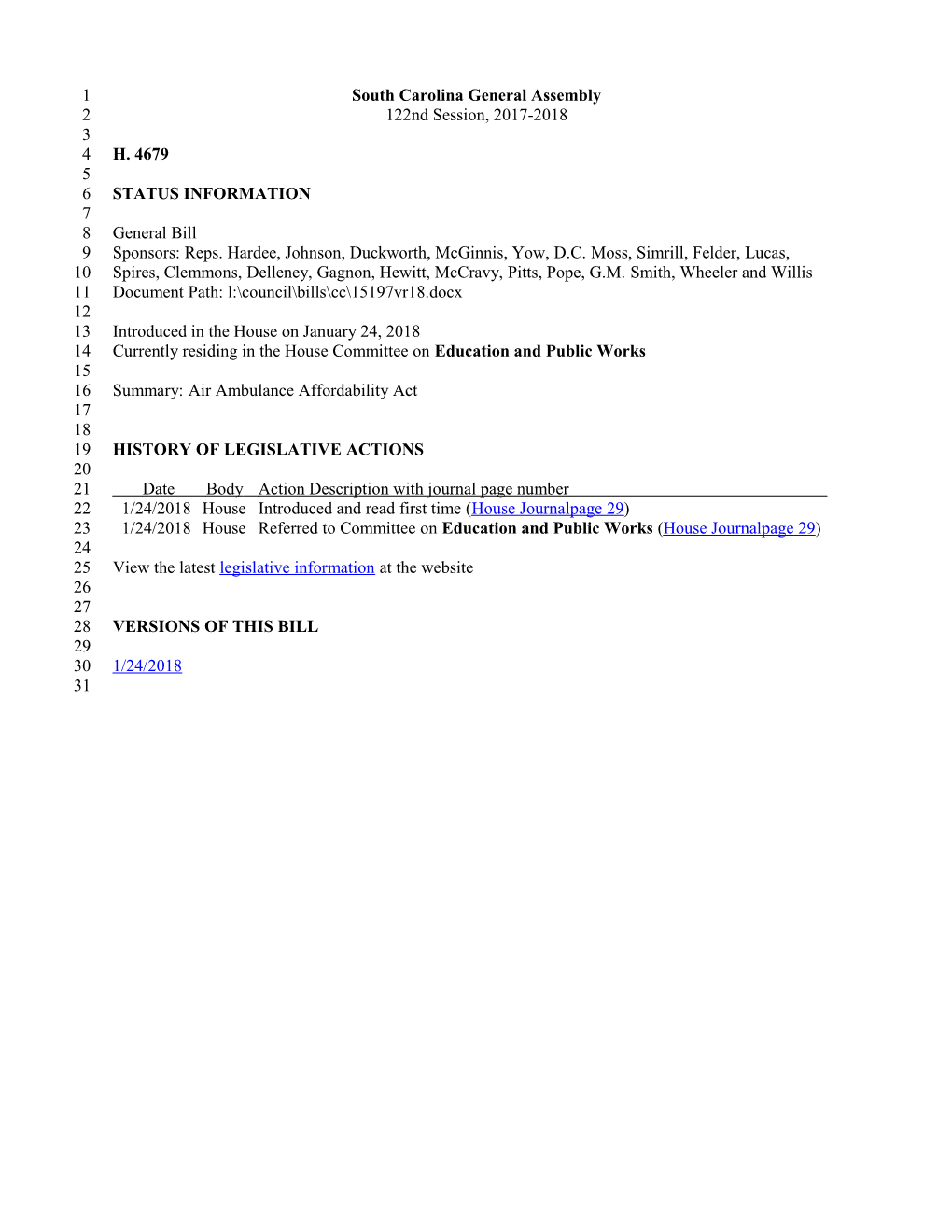 2017-2018 Bill 4679: Air Ambulance Affordability Act - South Carolina Legislature Online