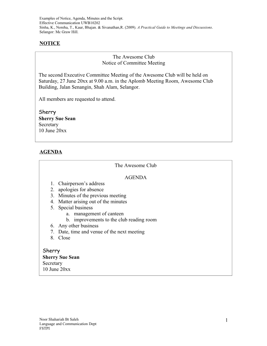 Examples of Notice, Agenda, Minutes and the Script