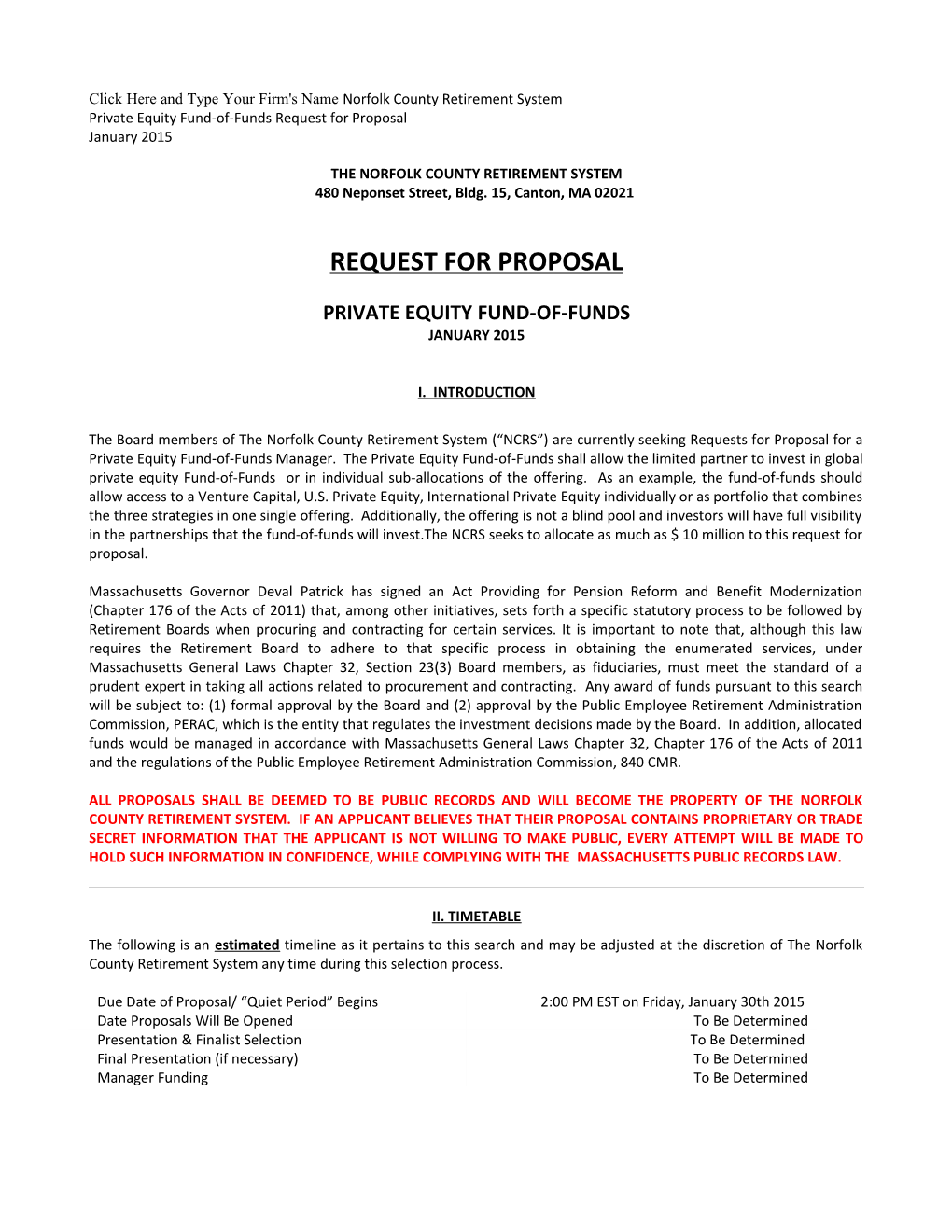 Norfolk County Retirement System - Opportunistic Hedge Fund-Of-Funds Request for Proposal