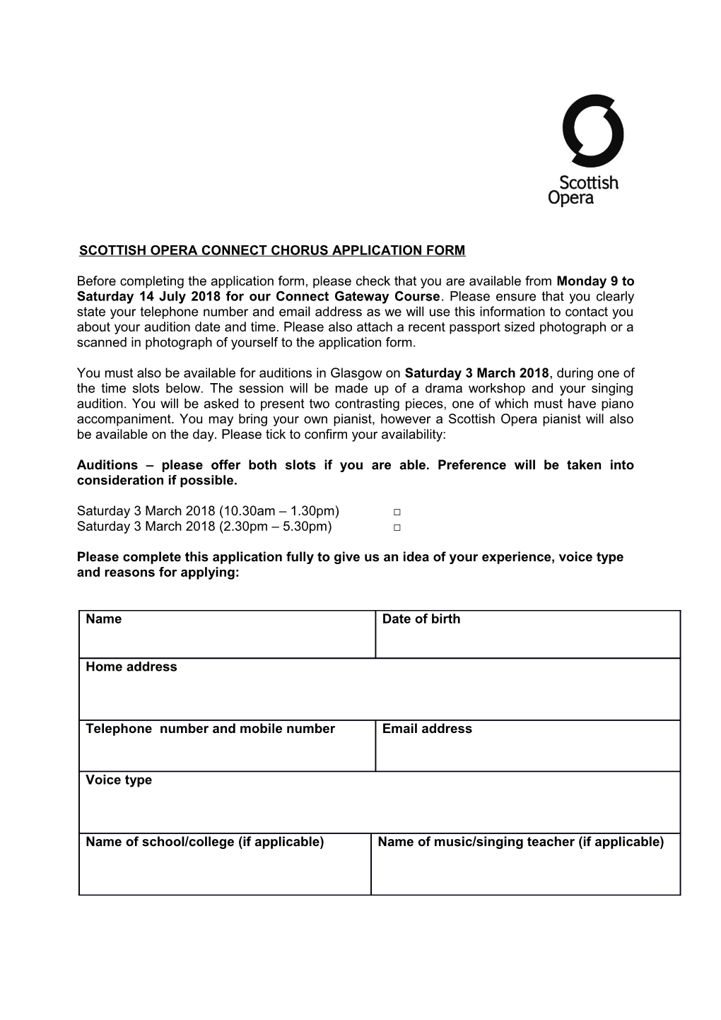 Scottish Opera Connect Chorus Application Form