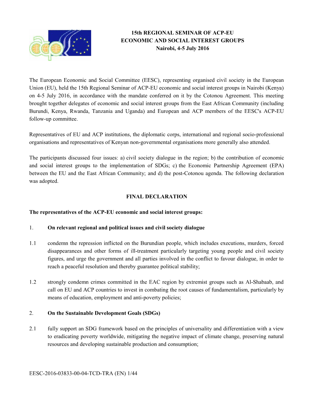 Final Declaration - 15Th Meeting of the ACP-EU Regional Seminar 4-5 July Nairobi