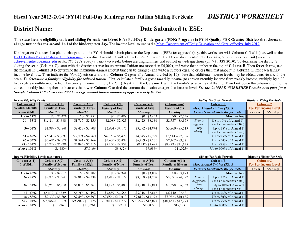 FY14 Full-Day Kindergarten (FDK) Tuition Sliding Fee Scale Worksheet and Sample - March 2013