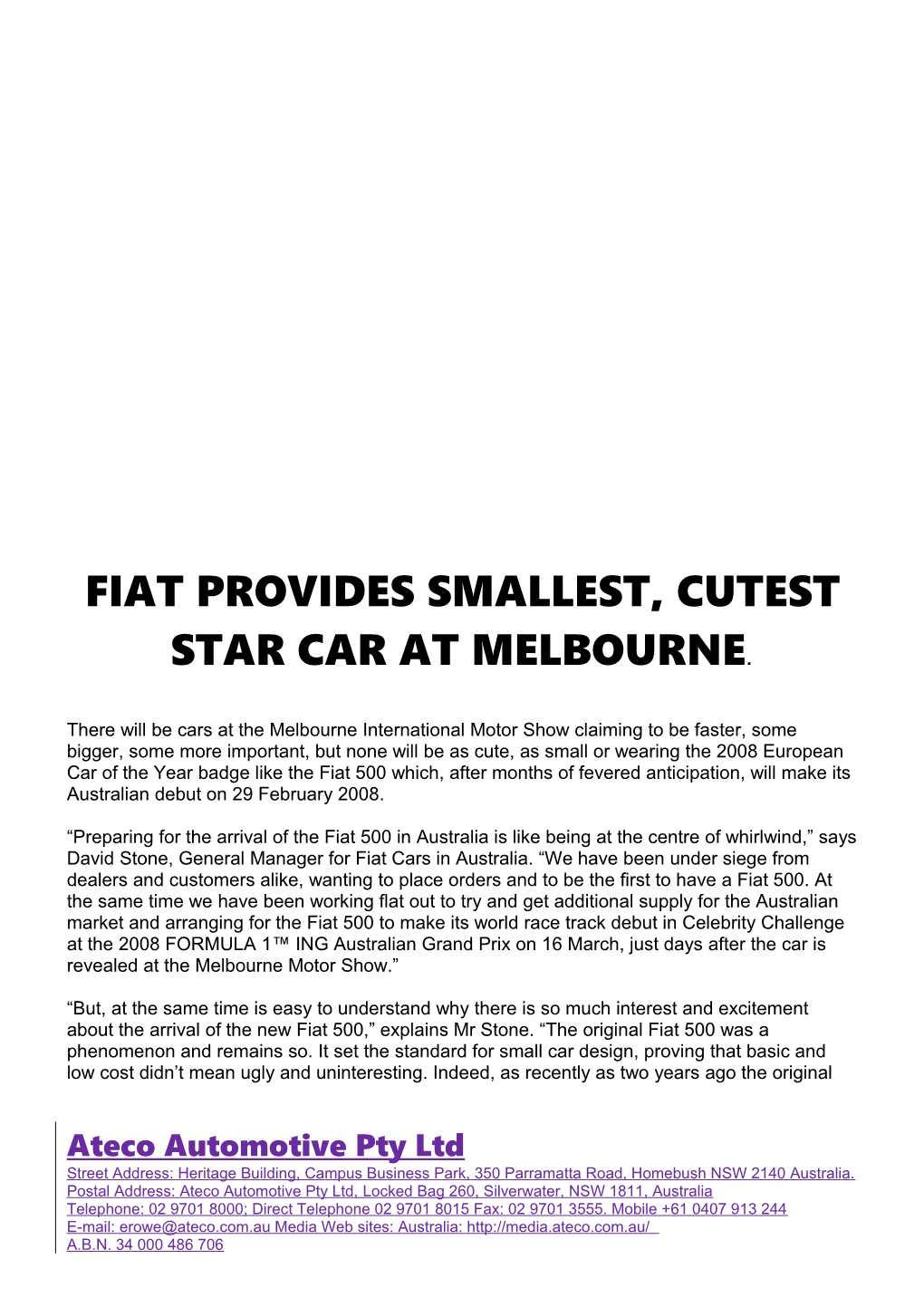 Fiat Provides Smallest, Cutest Star Car at Melbourne