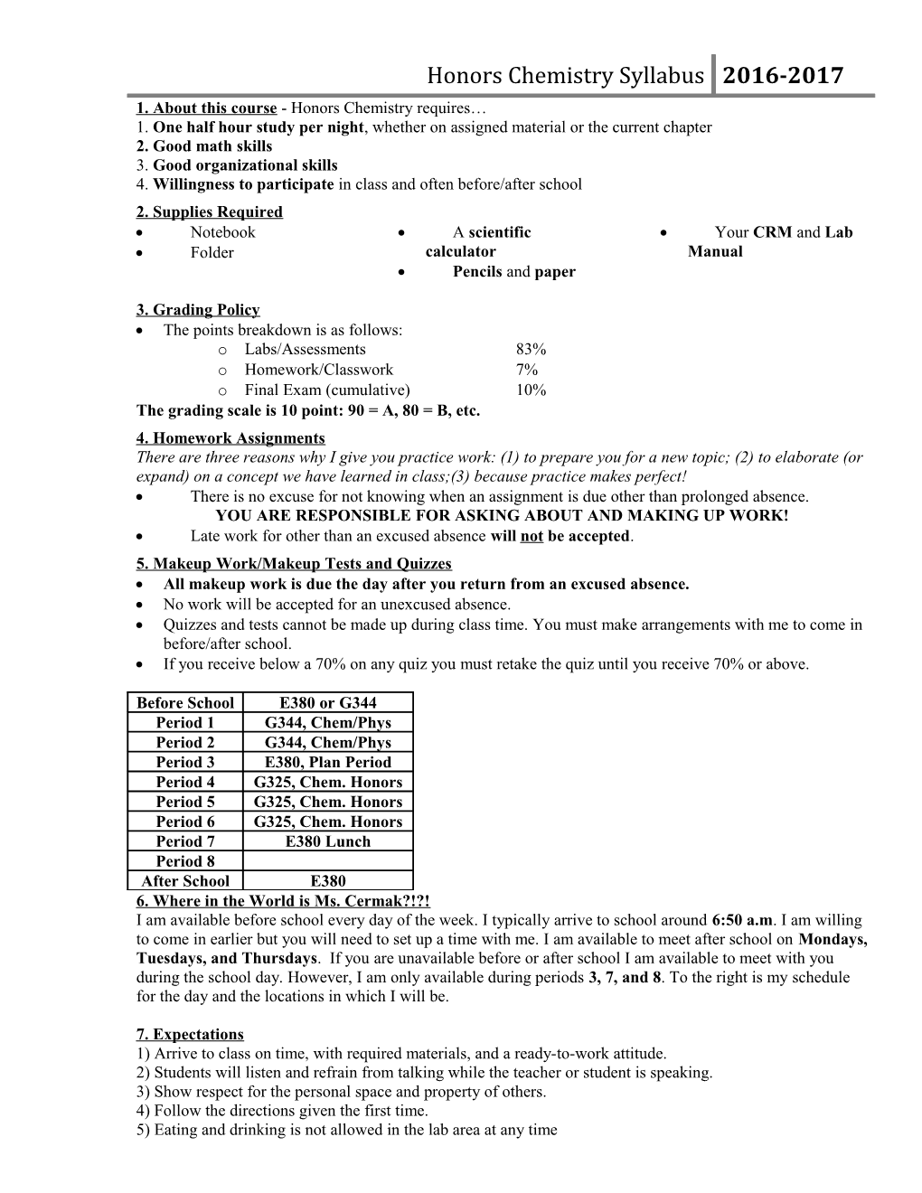 Honors Chemistry Information Sheet