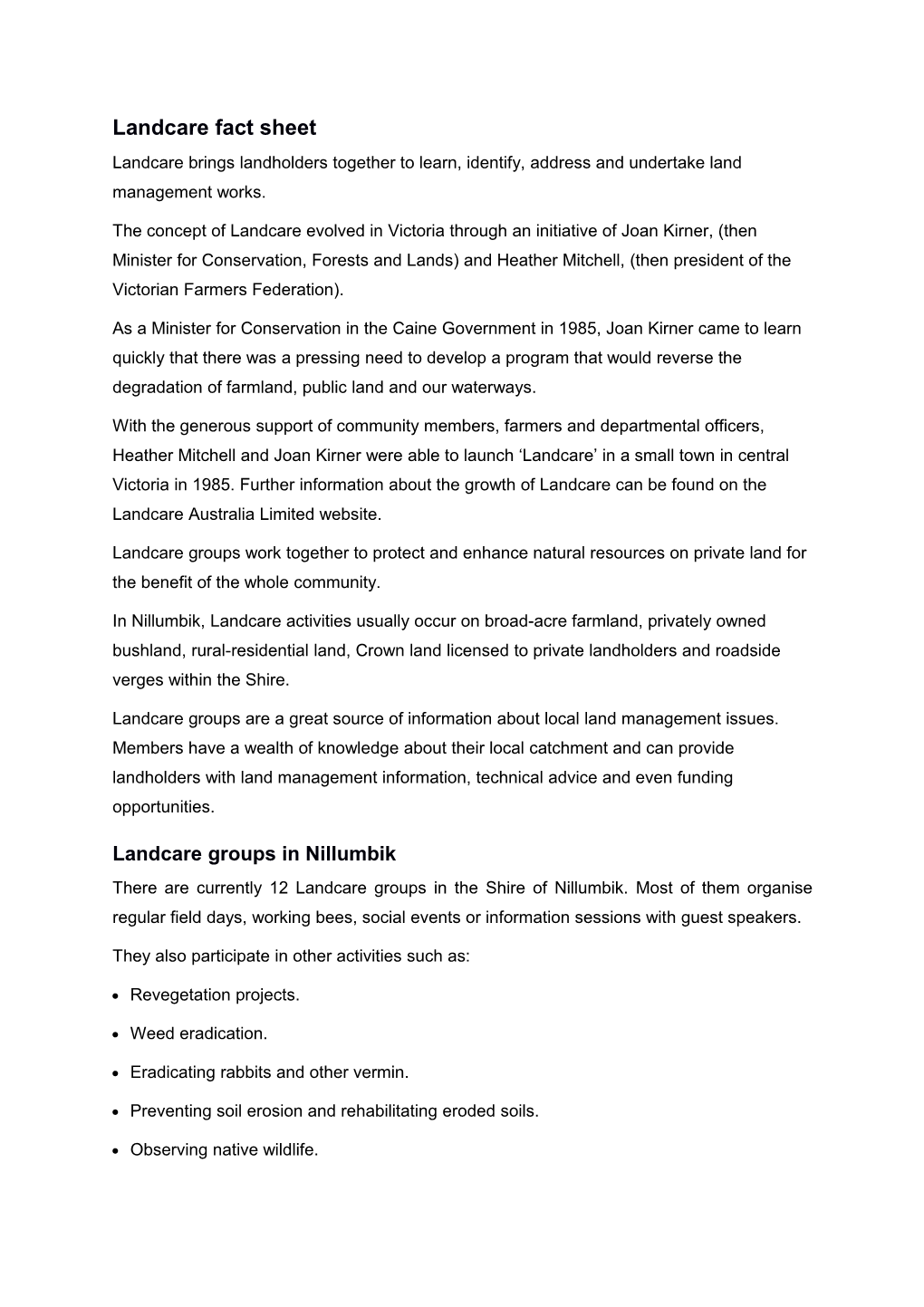 Landcare Fact Sheet