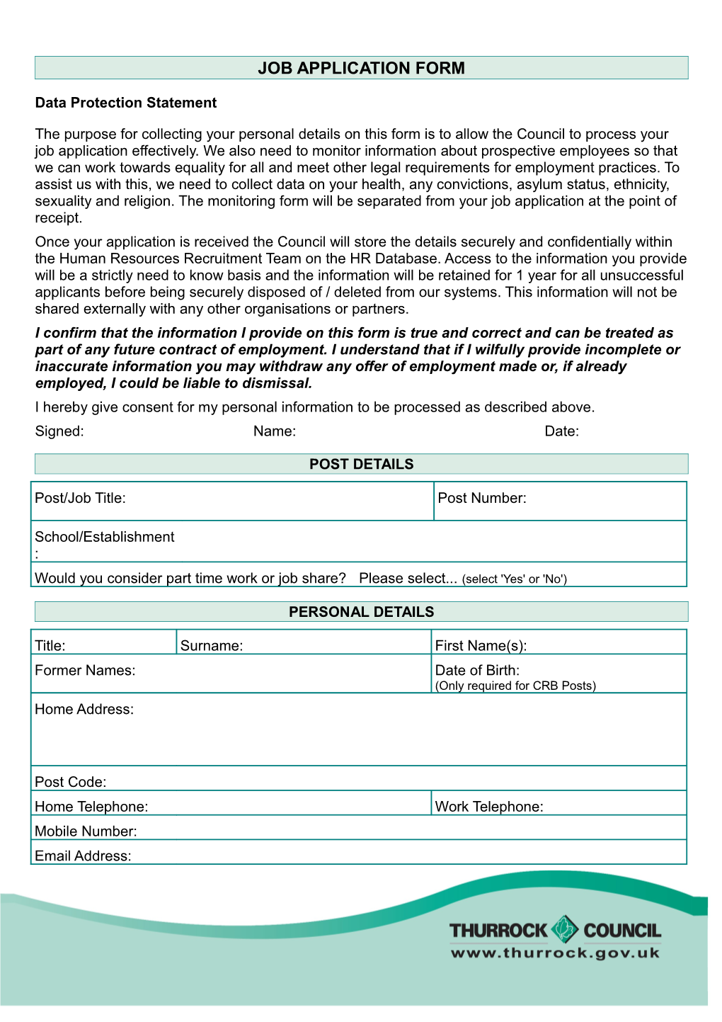 Thurrock Council Job Application Form