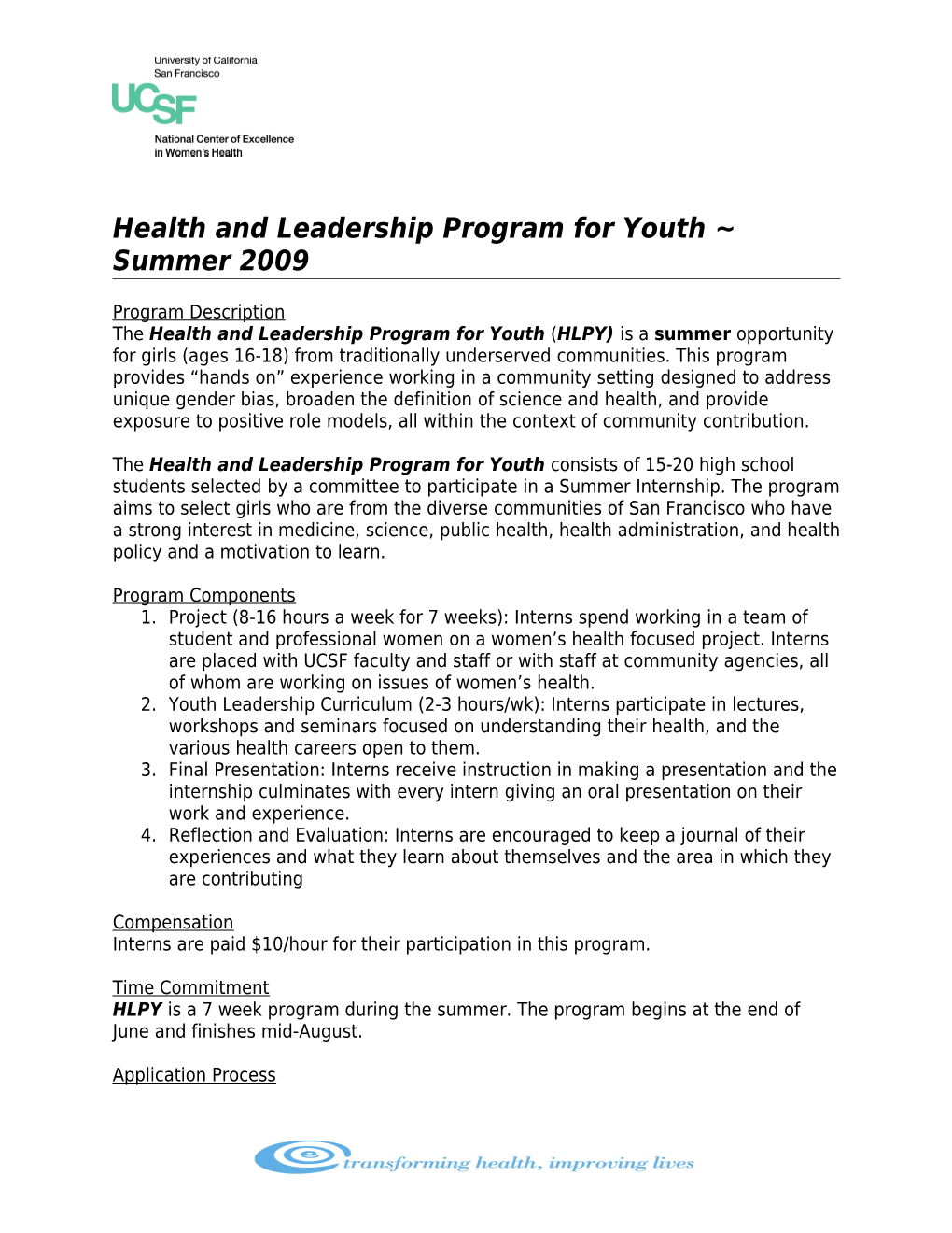 Health and Leadership Program for Youth Summer 2009