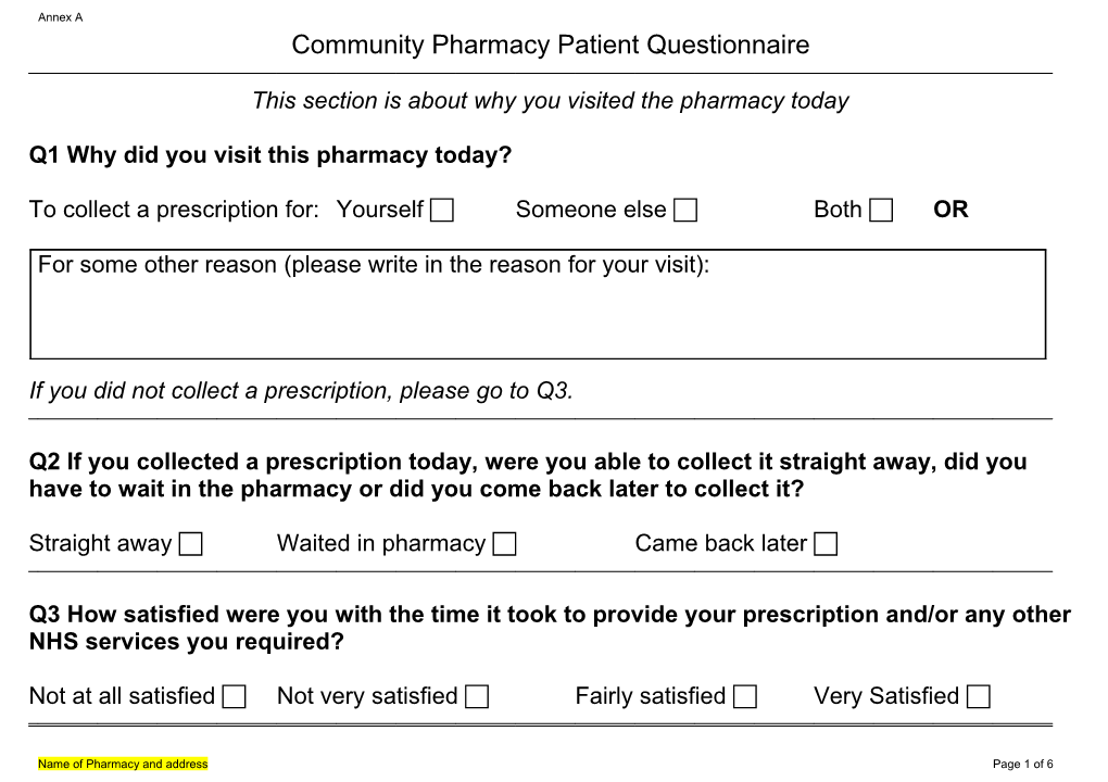 Community Pharmacy Patient Experience Questionnaire