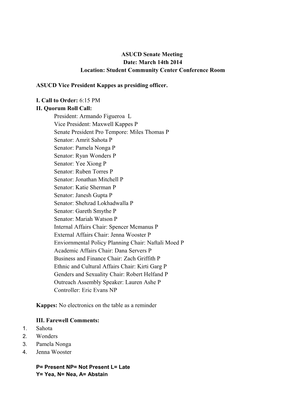 ASUCD Senate Minutes: 3/14/2014
