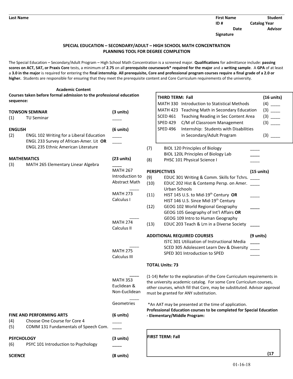 Specialeducation Secondary/Adult High School Math Concentration