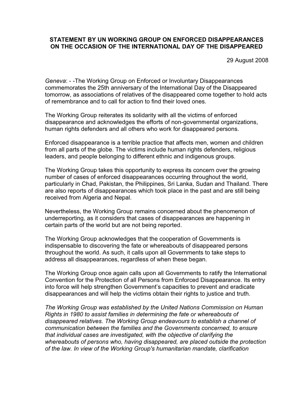 Statement by Un Working Group on Enforced Disappearances on the Occasion of the International