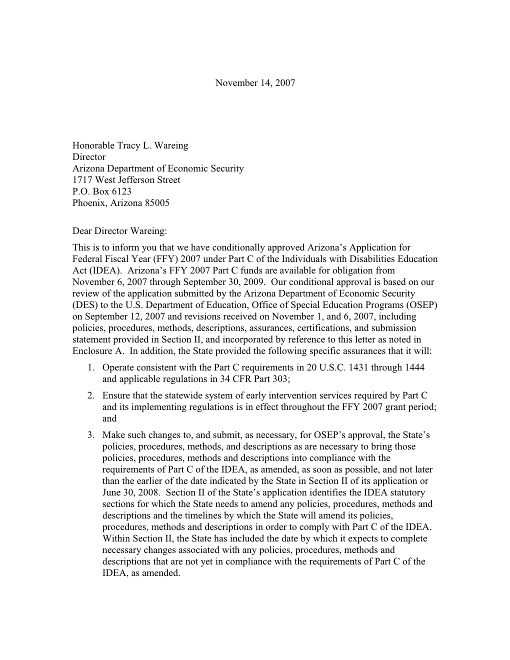 Arizona IDEA 2007 Part C Grant Award Letter (MS WORD)