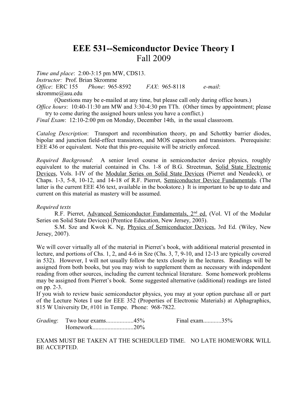 EEE 531 Semiconductor Device Theory I