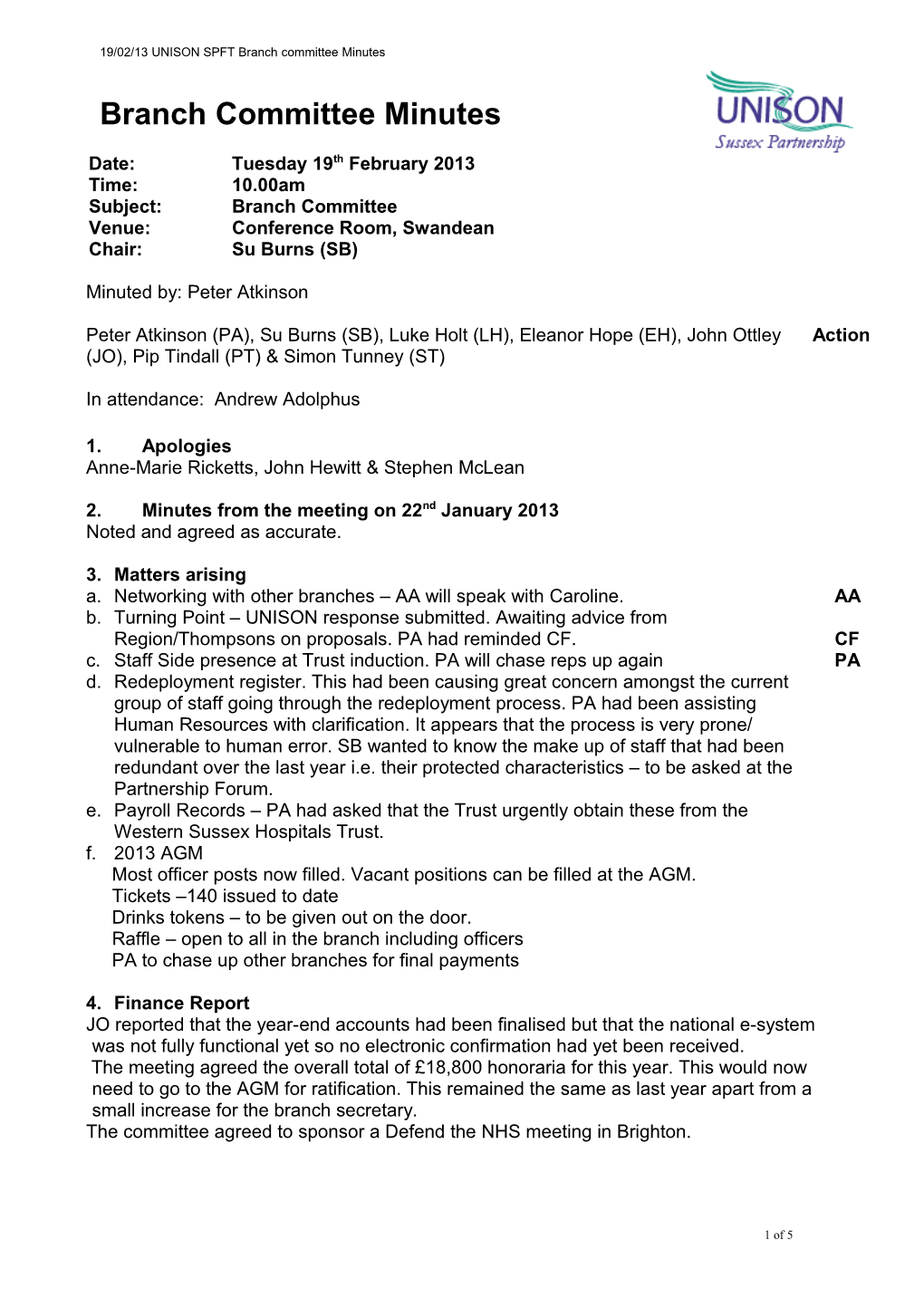 20/02/12 UNISON SPFT Branch Committee Minutes